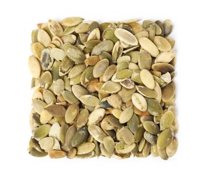 Photo of Pile of peeled pumpkin seeds isolated on white, top view