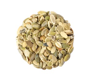 Photo of Pile of peeled pumpkin seeds isolated on white, top view