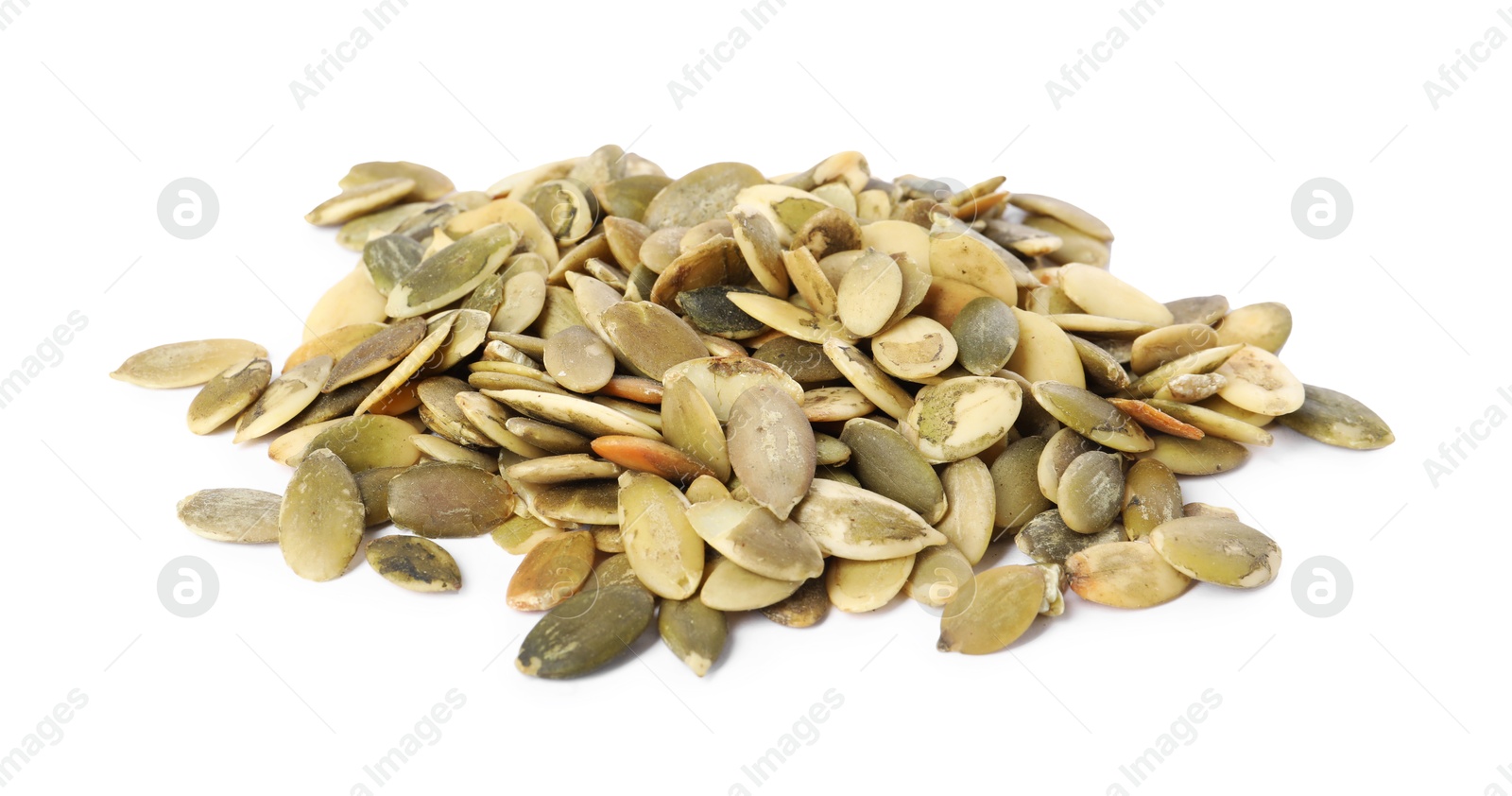 Photo of Pile of peeled pumpkin seeds isolated on white