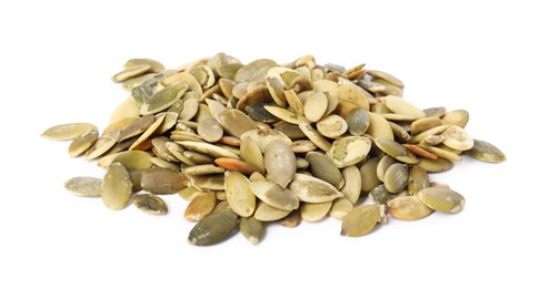 Pile of peeled pumpkin seeds isolated on white