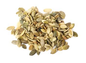 Pile of peeled pumpkin seeds isolated on white, top view