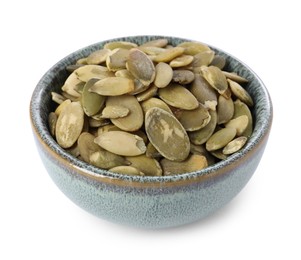 Peeled pumpkin seeds in bowl isolated on white