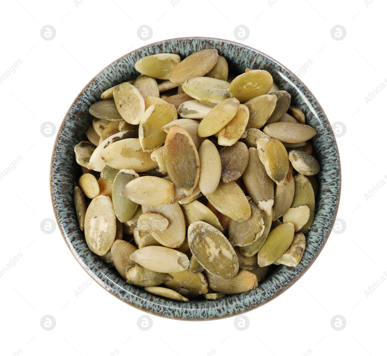 Photo of Peeled pumpkin seeds in bowl isolated on white, top view