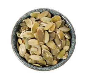 Photo of Peeled pumpkin seeds in bowl isolated on white, top view