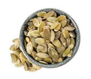 Photo of Peeled pumpkin seeds in bowl isolated on white, top view