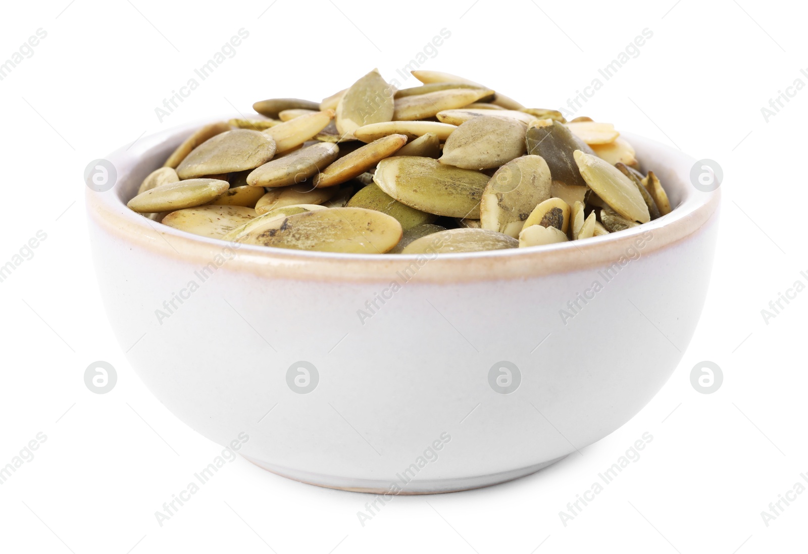 Photo of Peeled pumpkin seeds in bowl isolated on white