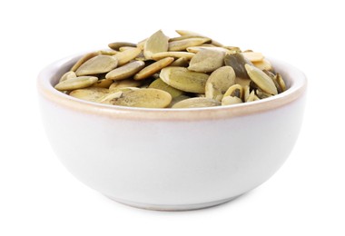 Peeled pumpkin seeds in bowl isolated on white