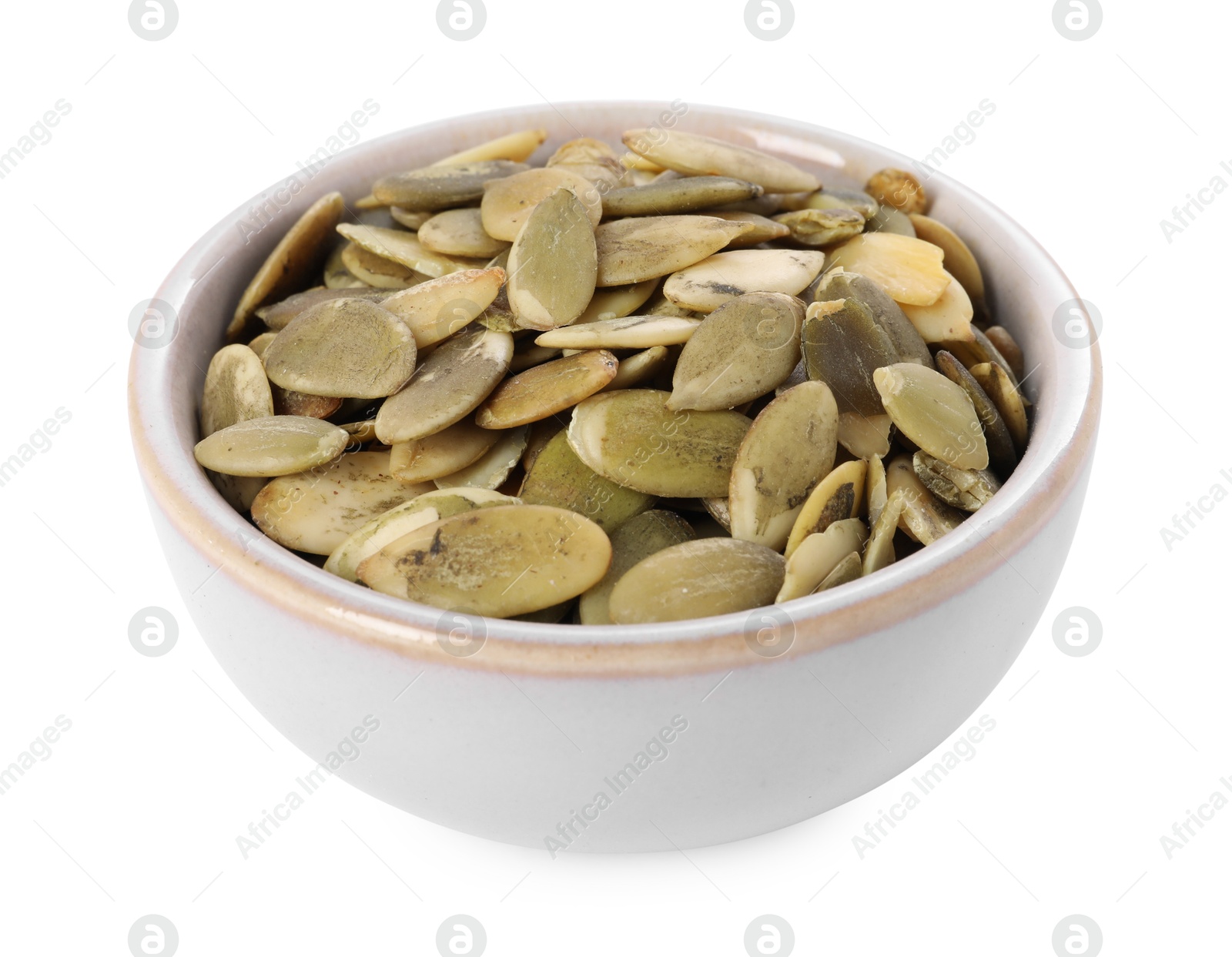 Photo of Peeled pumpkin seeds in bowl isolated on white