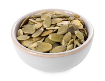 Photo of Peeled pumpkin seeds in bowl isolated on white