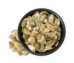 Photo of Peeled pumpkin seeds in bowl isolated on white, top view