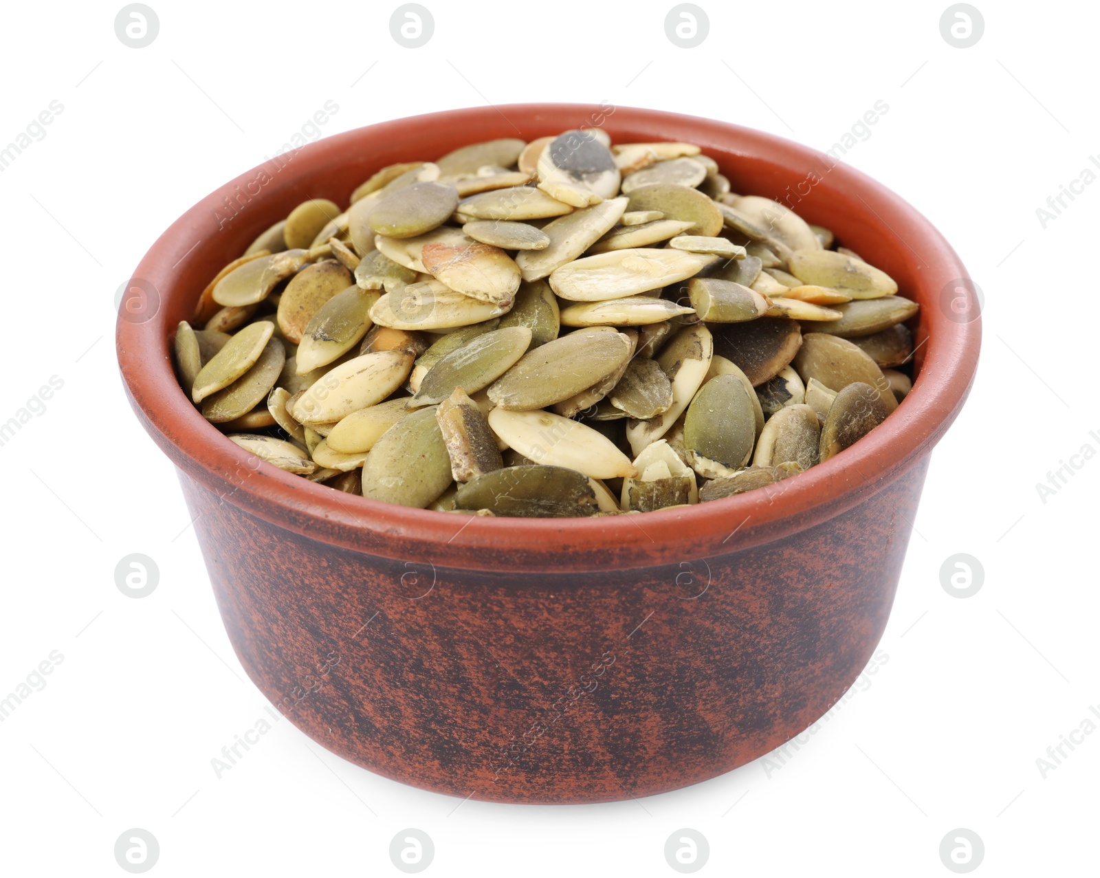 Photo of Peeled pumpkin seeds in bowl isolated on white