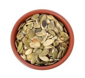 Photo of Peeled pumpkin seeds in bowl isolated on white, top view