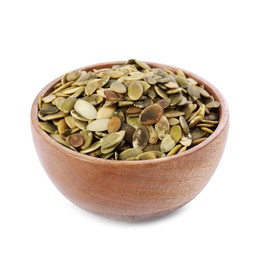 Photo of Peeled pumpkin seeds in wooden bowl isolated on white