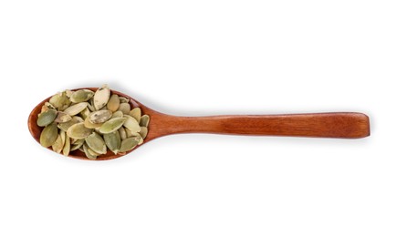 Photo of Peeled pumpkin seeds in wooden spoon isolated on white, top view