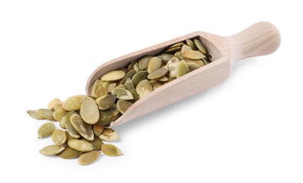 Peeled pumpkin seeds in wooden scoop isolated on white