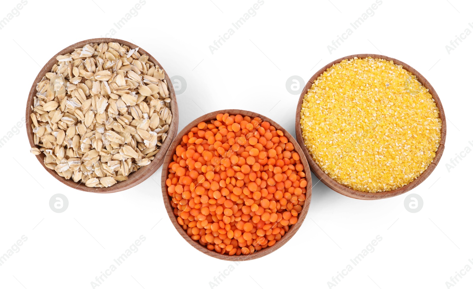 Photo of Different types of cereals isolated on white, top view