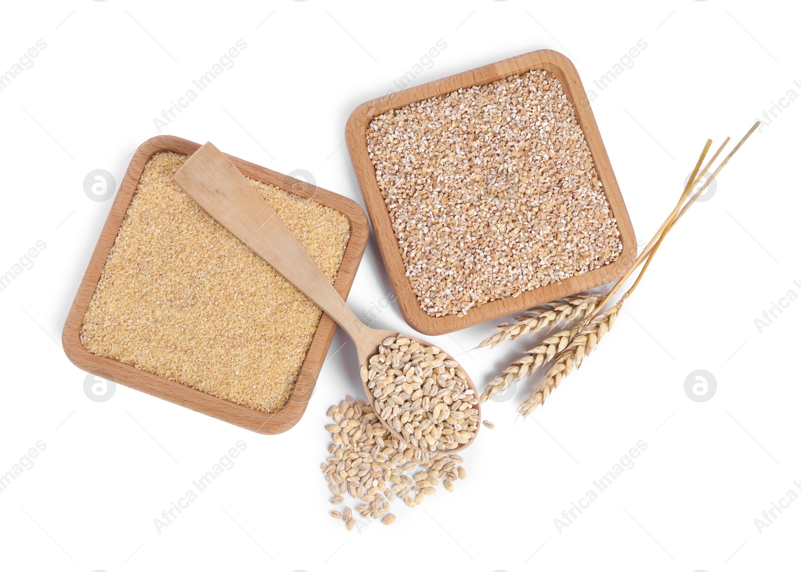 Photo of Different types of cereals and spikelets isolated on white, top view