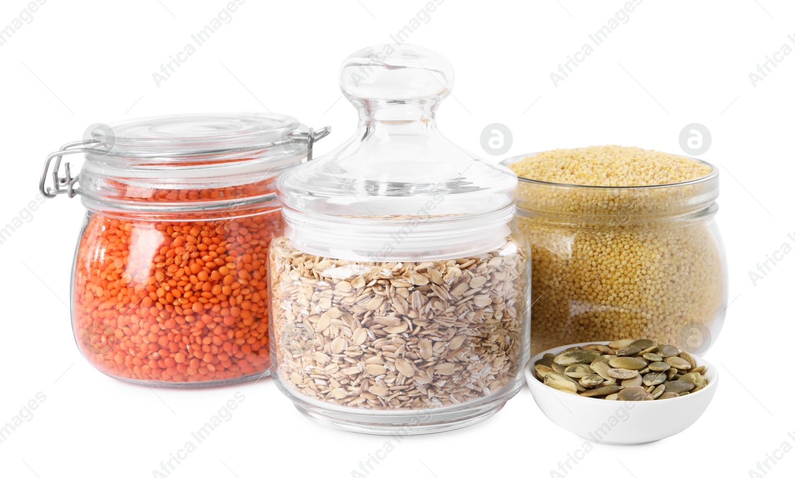 Photo of Different cereals, legumes and seeds isolated on white