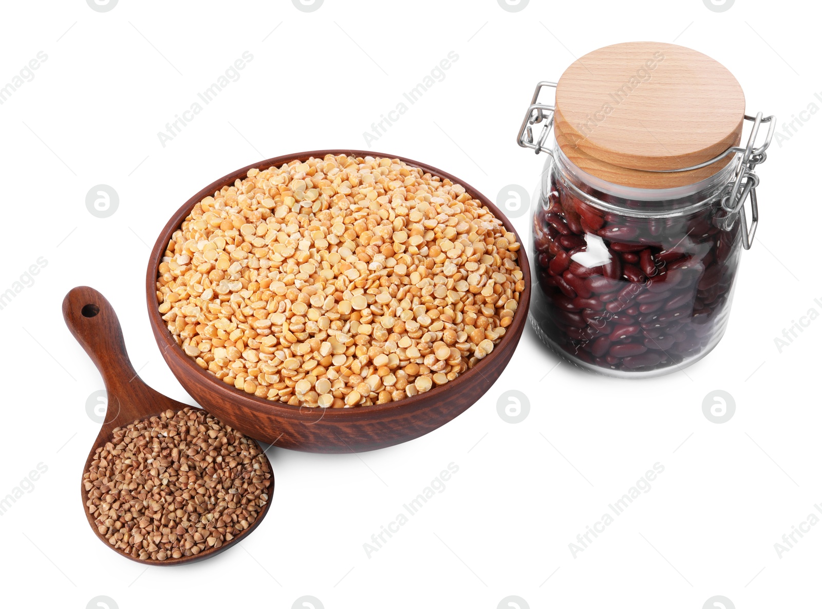 Photo of Different legumes and buckwheat isolated on white