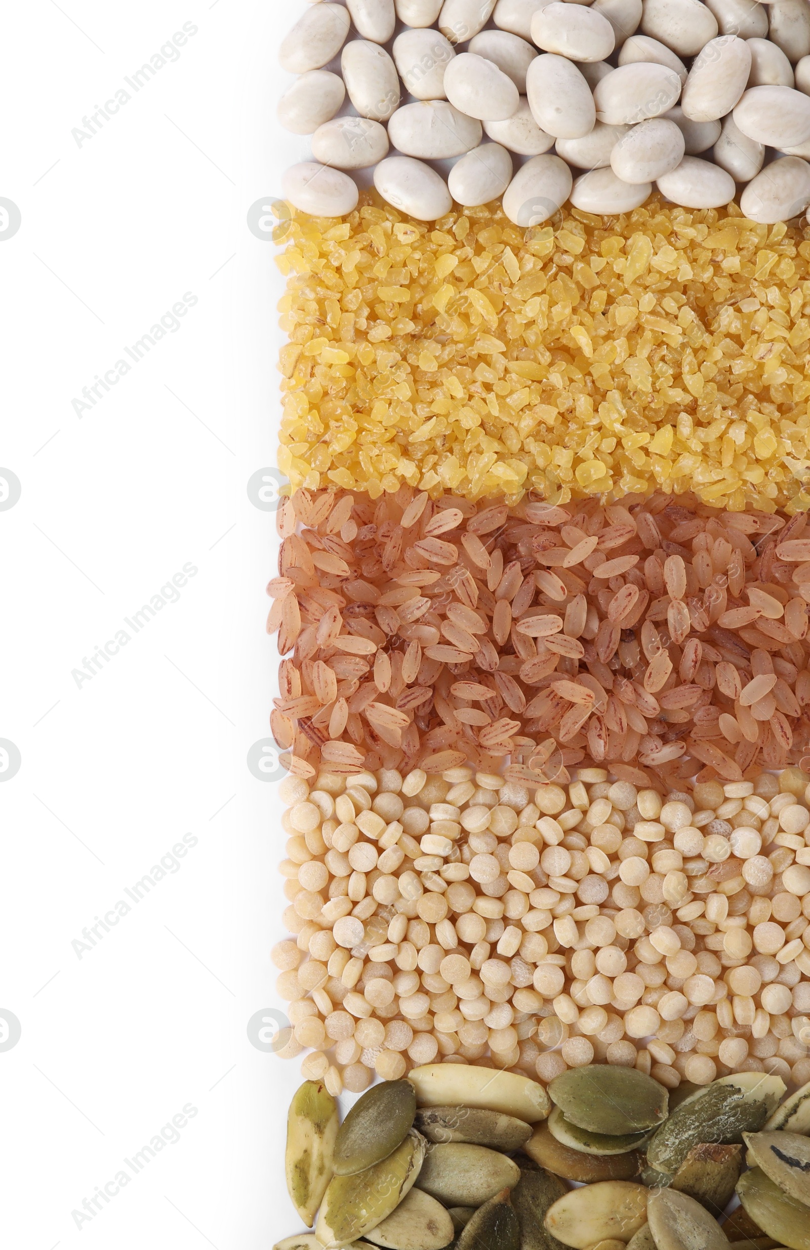 Photo of Different types of cereals, legumes and seeds isolated on white, top view