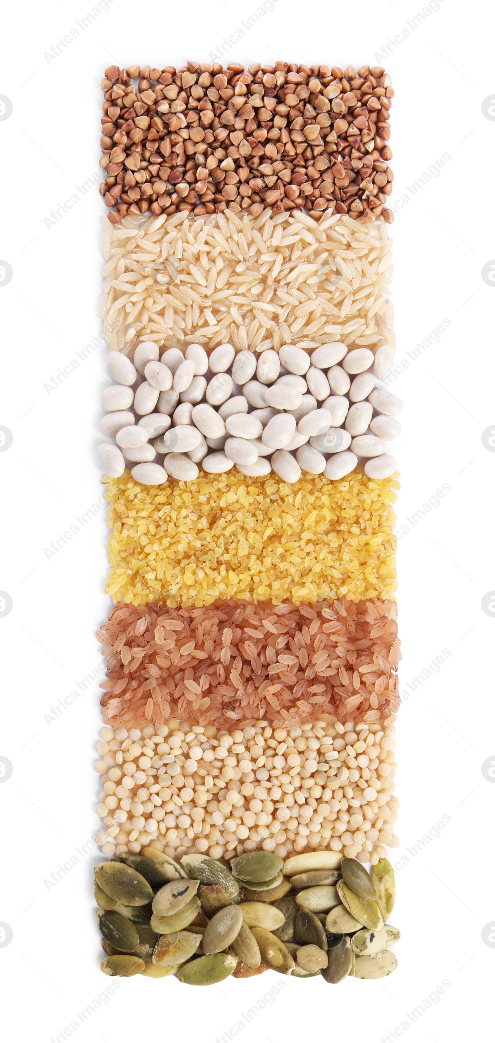 Photo of Different types of cereals, legumes and seeds isolated on white, top view