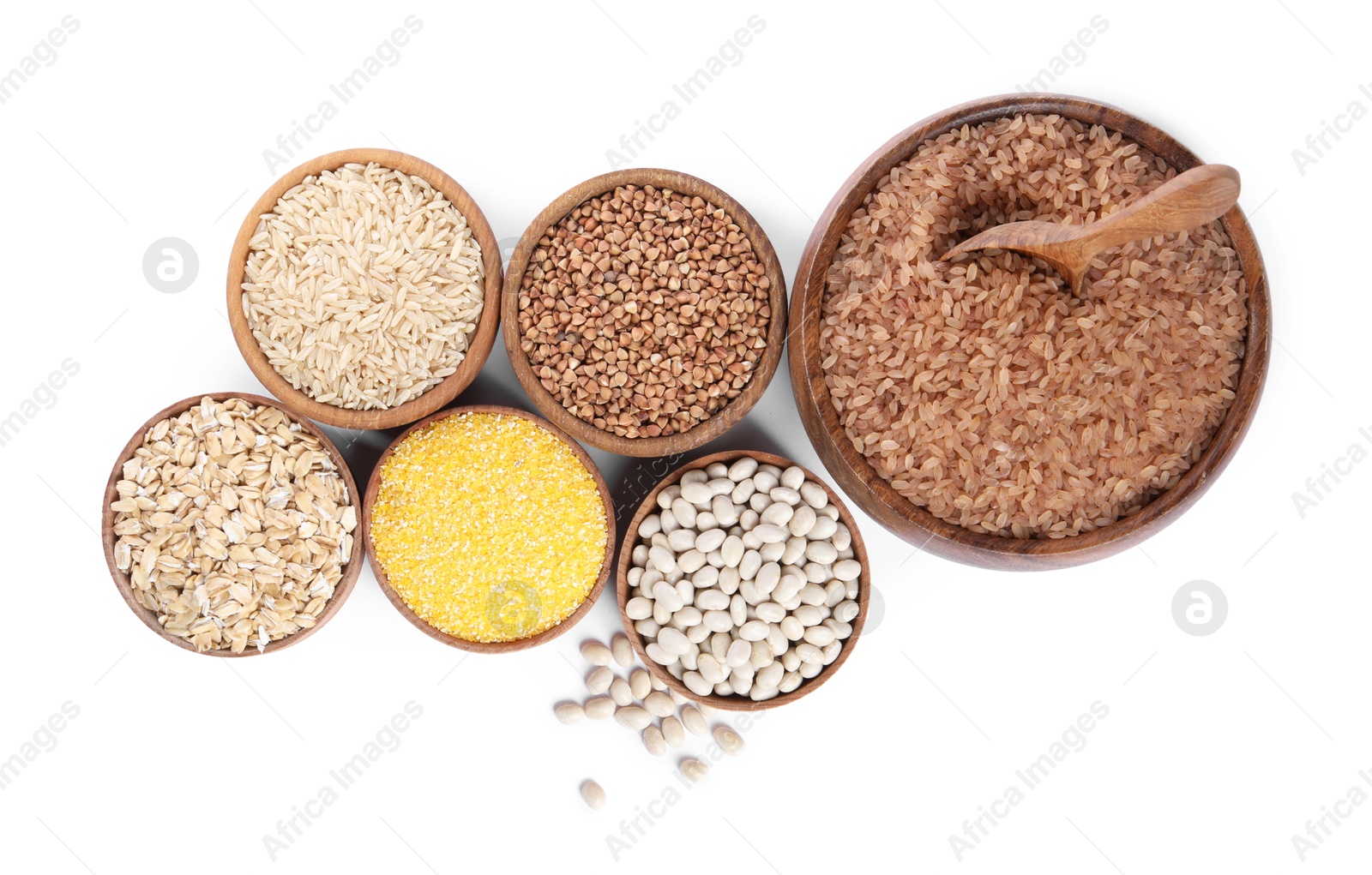 Photo of Different types of cereals and legumes isolated on white, top view