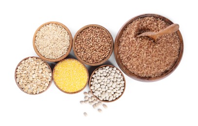 Photo of Different types of cereals and legumes isolated on white, top view