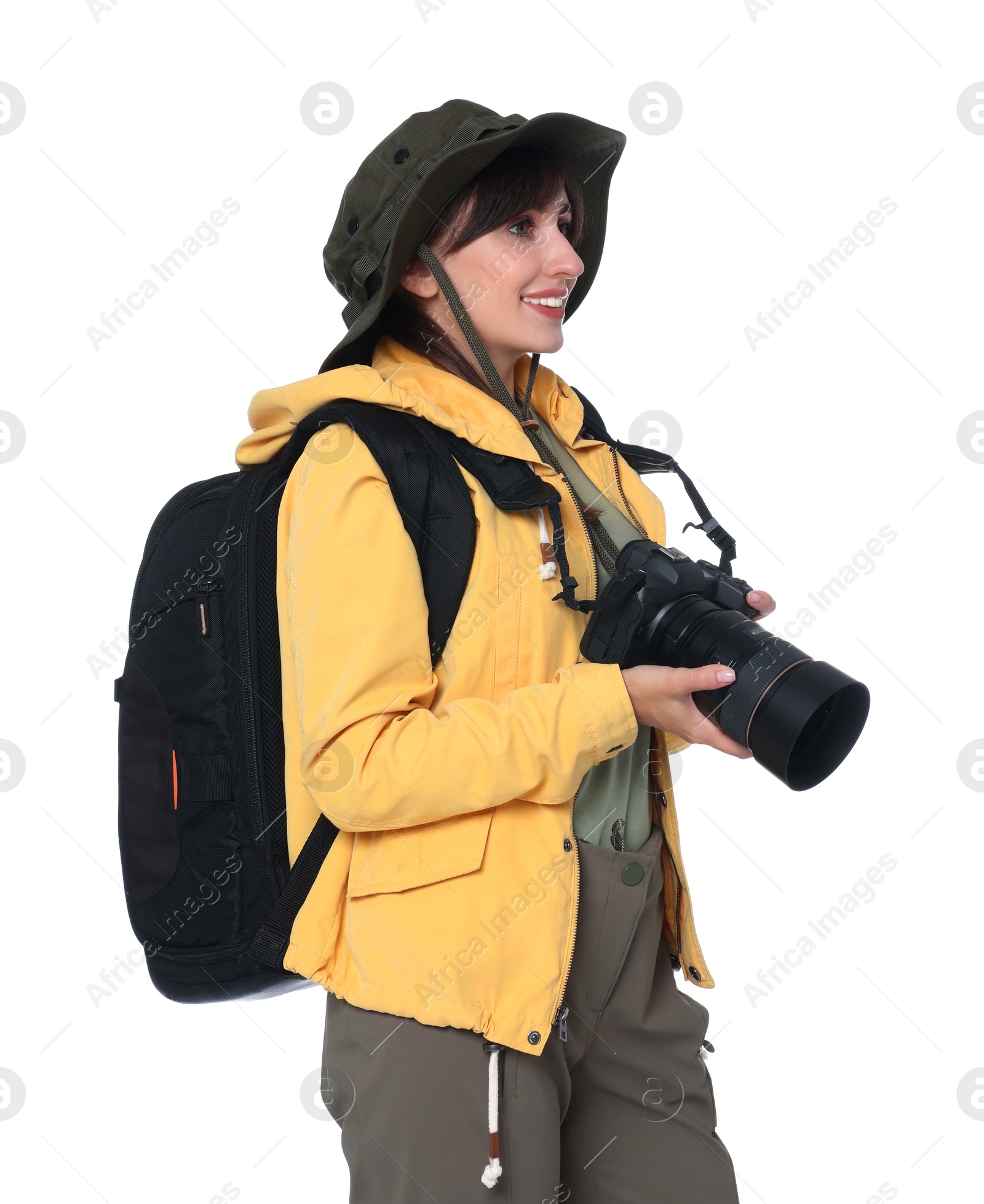 Photo of Photographer with backpack and camera on white background