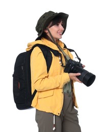 Photographer with backpack and camera on white background