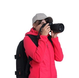 Photo of Photographer with backpack and camera taking picture on white background