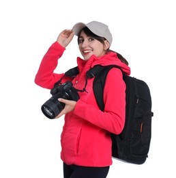 Photographer with backpack and camera on white background