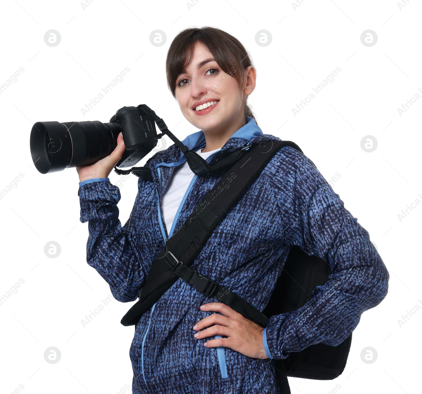 Photo of Photographer with backpack and camera on white background