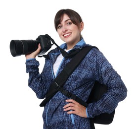 Photo of Photographer with backpack and camera on white background