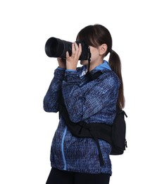 Photographer with backpack and camera taking picture on white background