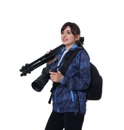 Photographer with backpack, camera and other professional equipment on white background