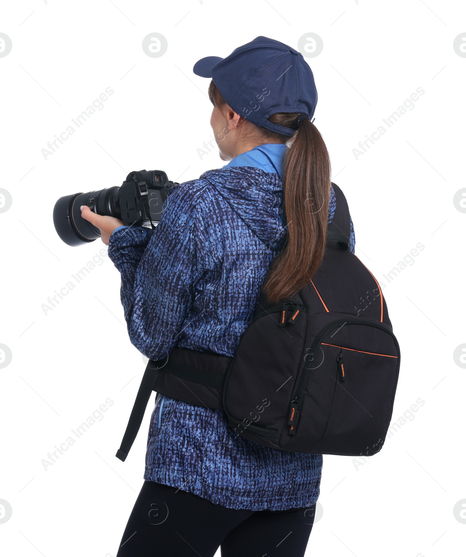 Photo of Photographer with backpack and camera on white background, back view