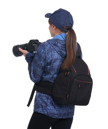 Photographer with backpack and camera on white background, back view