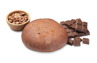 Photo of Chocolate dough and ingredients isolated on white