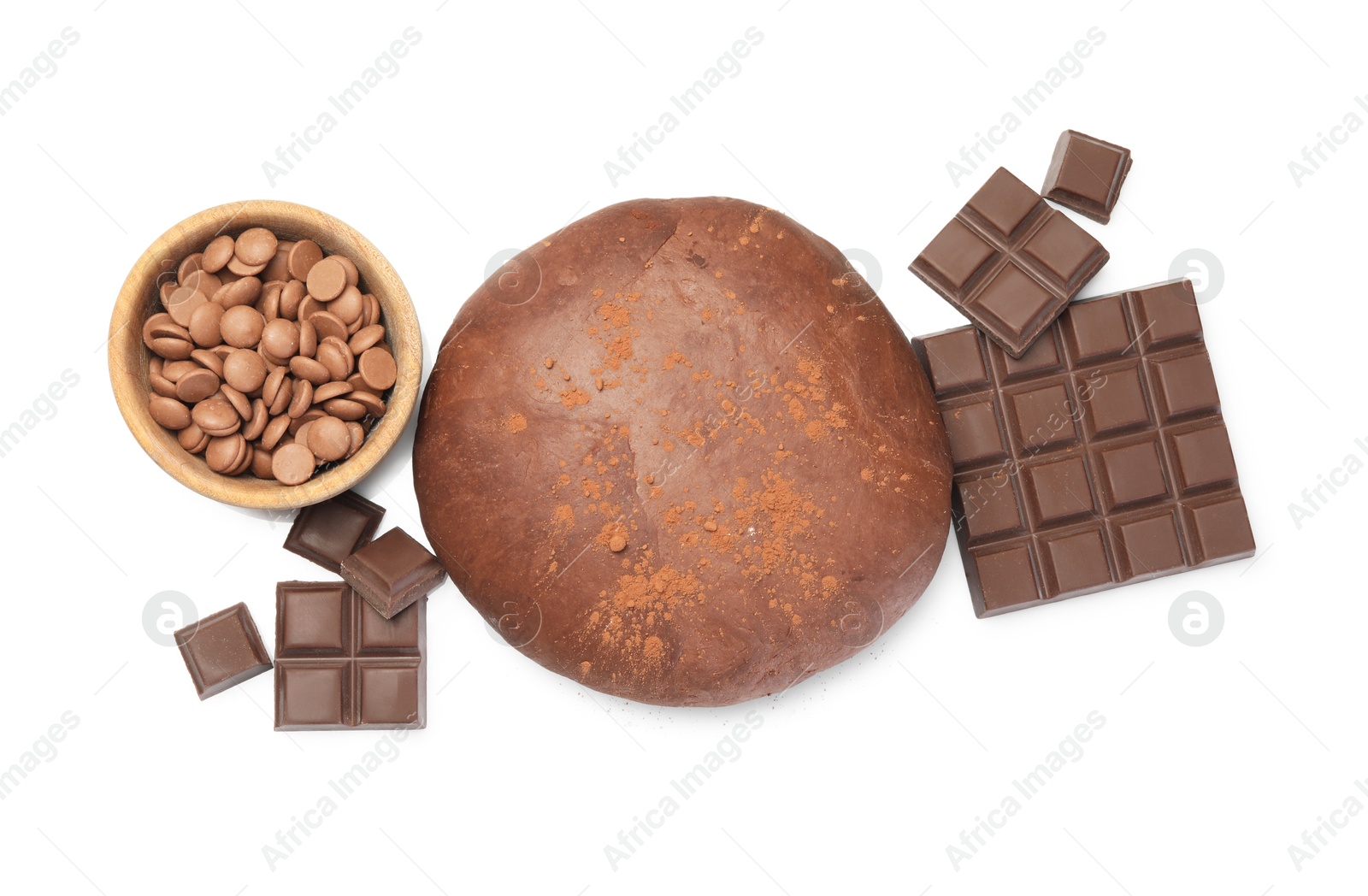 Photo of Chocolate dough and ingredients isolated on white, top view