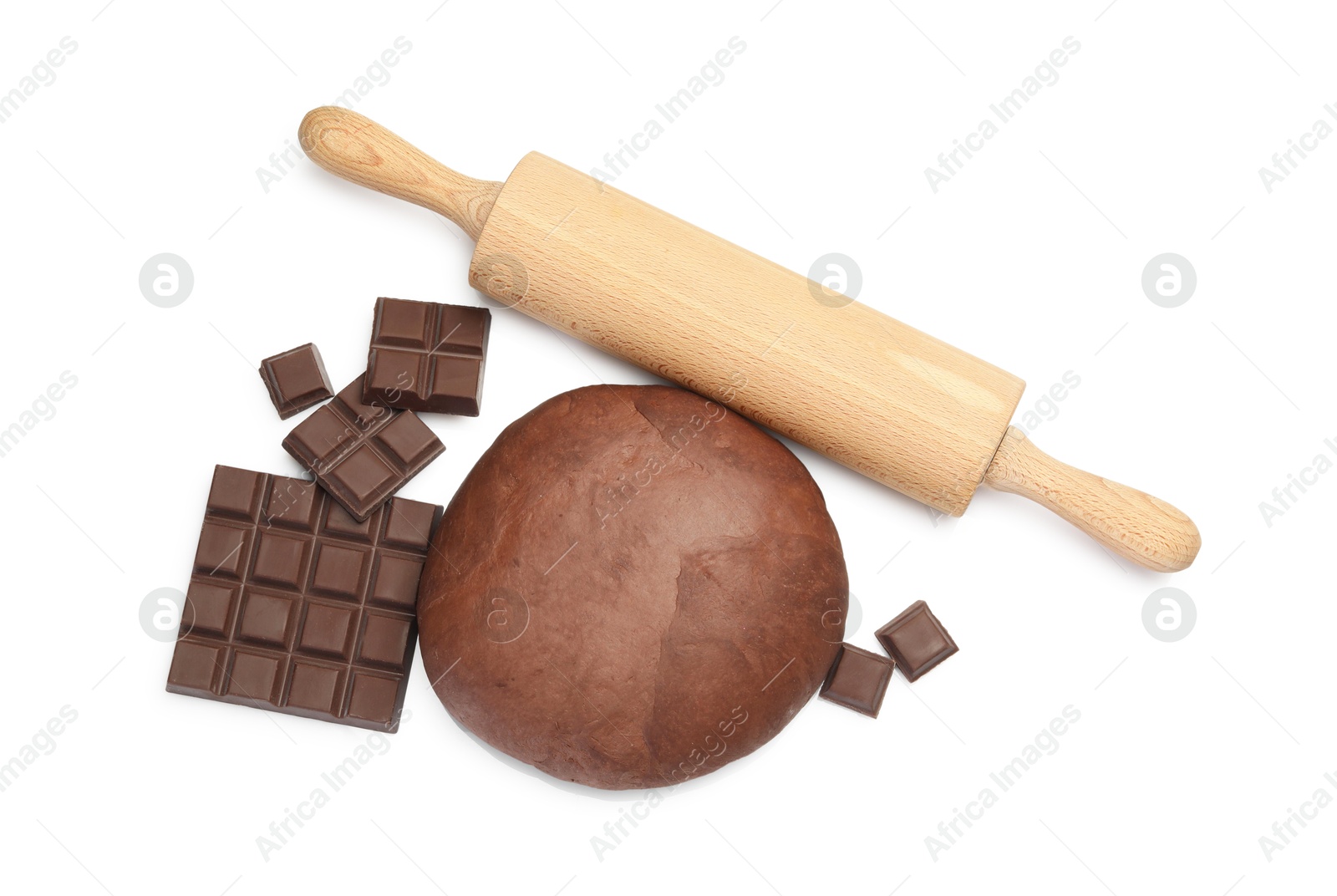 Photo of Chocolate dough and ingredients isolated on white