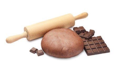 Photo of Chocolate dough and ingredients isolated on white