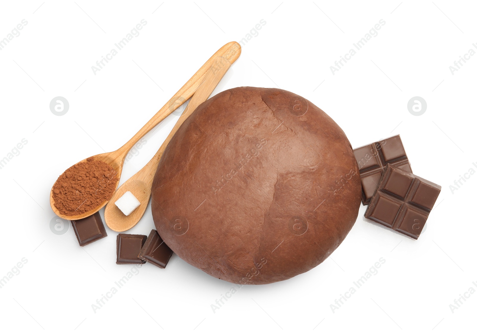 Photo of Chocolate dough and ingredients isolated on white, top view