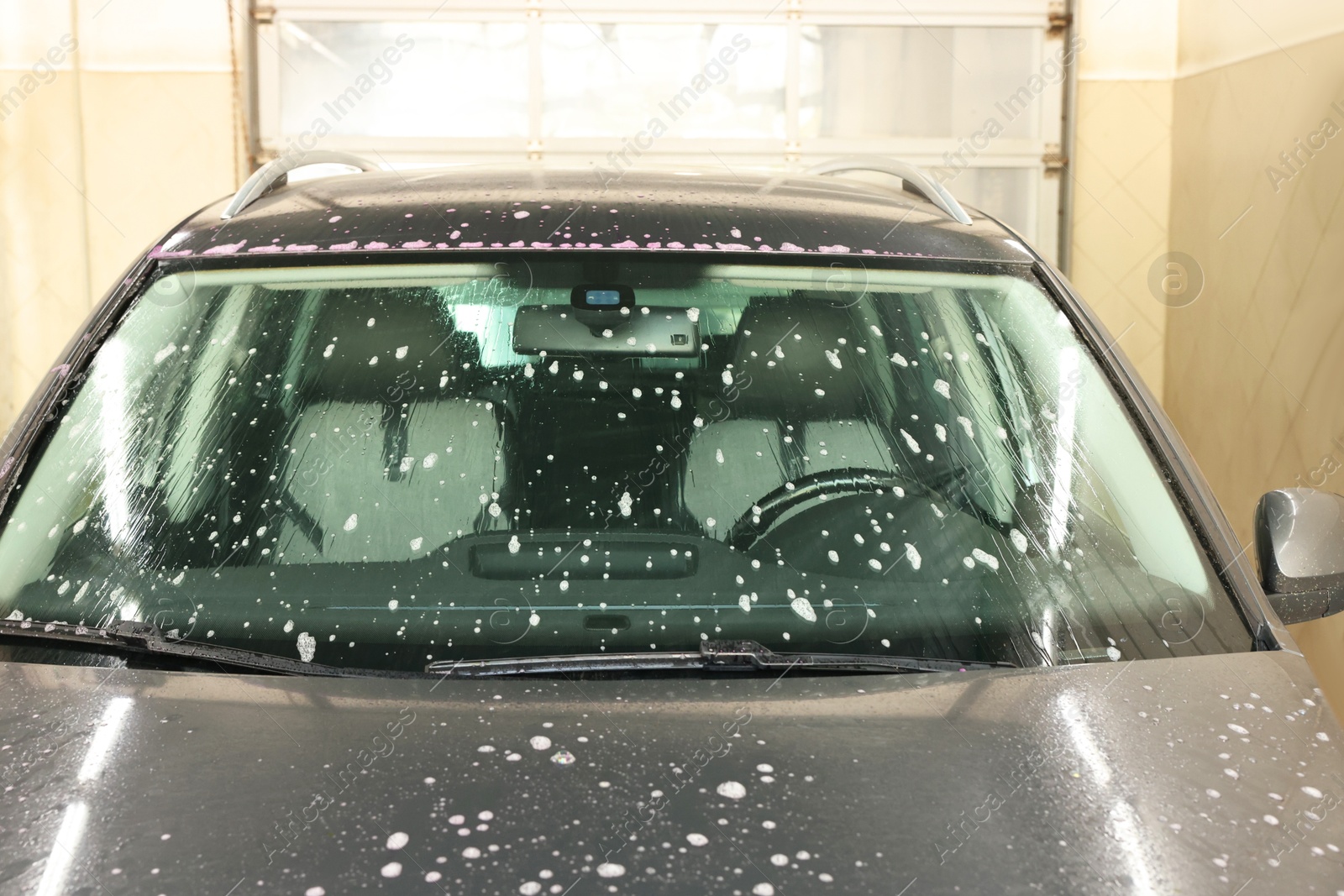 Photo of Auto covered with cleaning foam at car wash, closeup