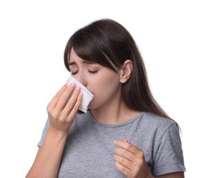 Photo of Woman with napkin suffering from sinusitis on white background