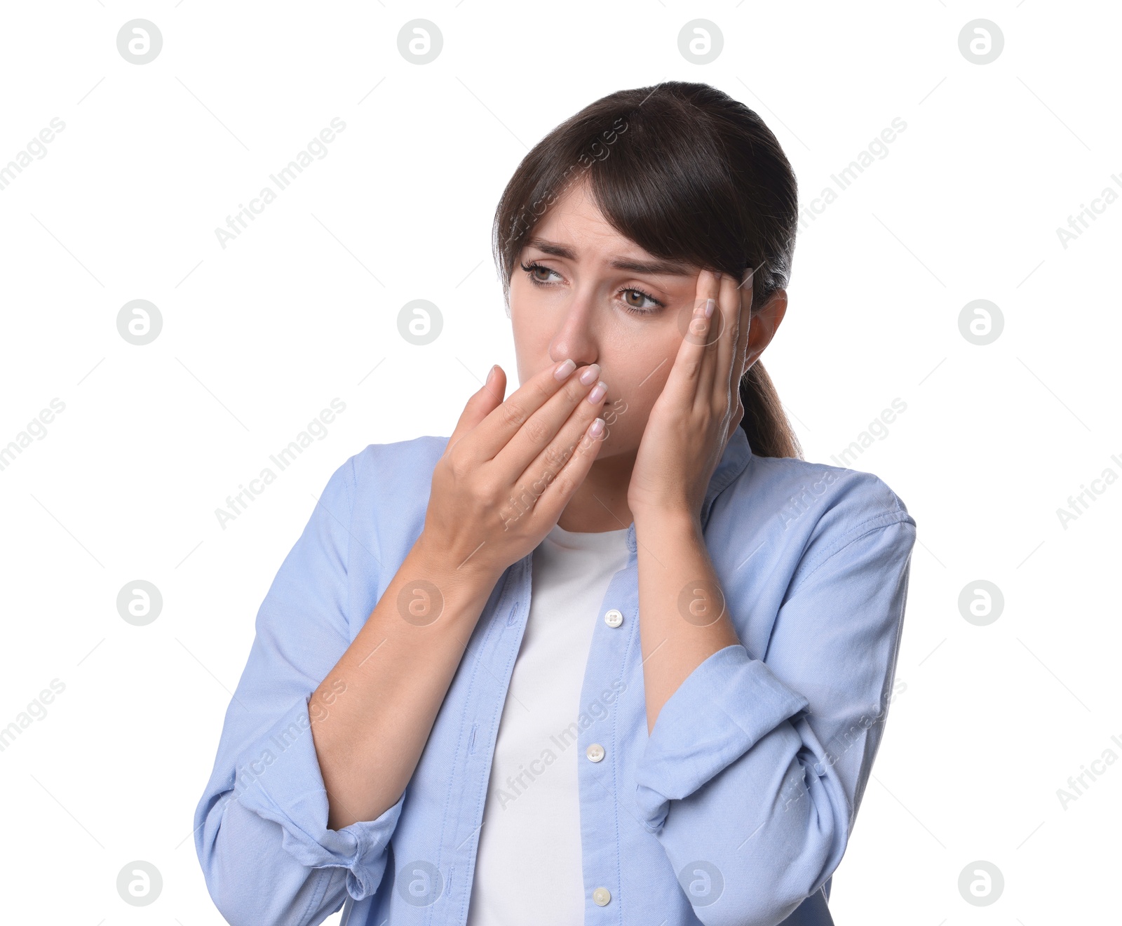 Photo of Woman suffering from sinusitis on white background