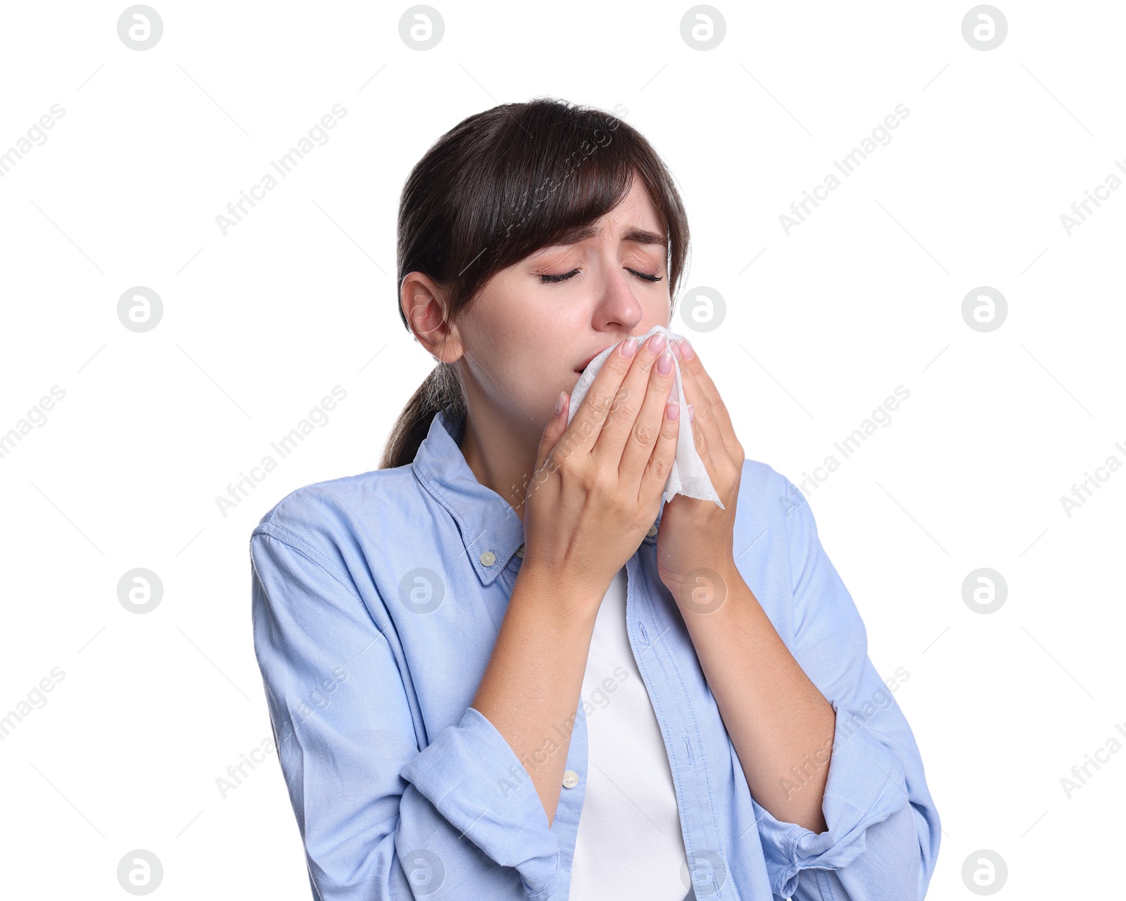 Photo of Woman with napkin suffering from sinusitis on white background