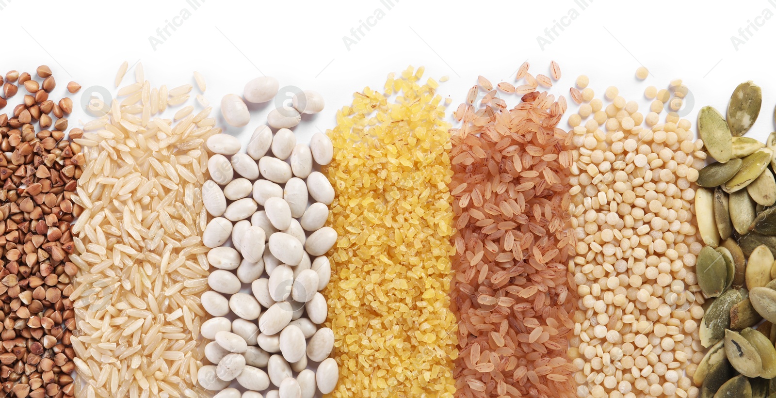 Photo of Different types of cereals, legumes and seeds isolated on white, top view