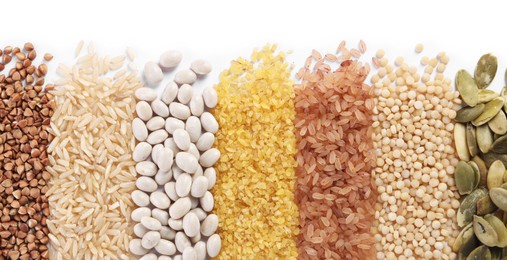 Photo of Different types of cereals, legumes and seeds isolated on white, top view