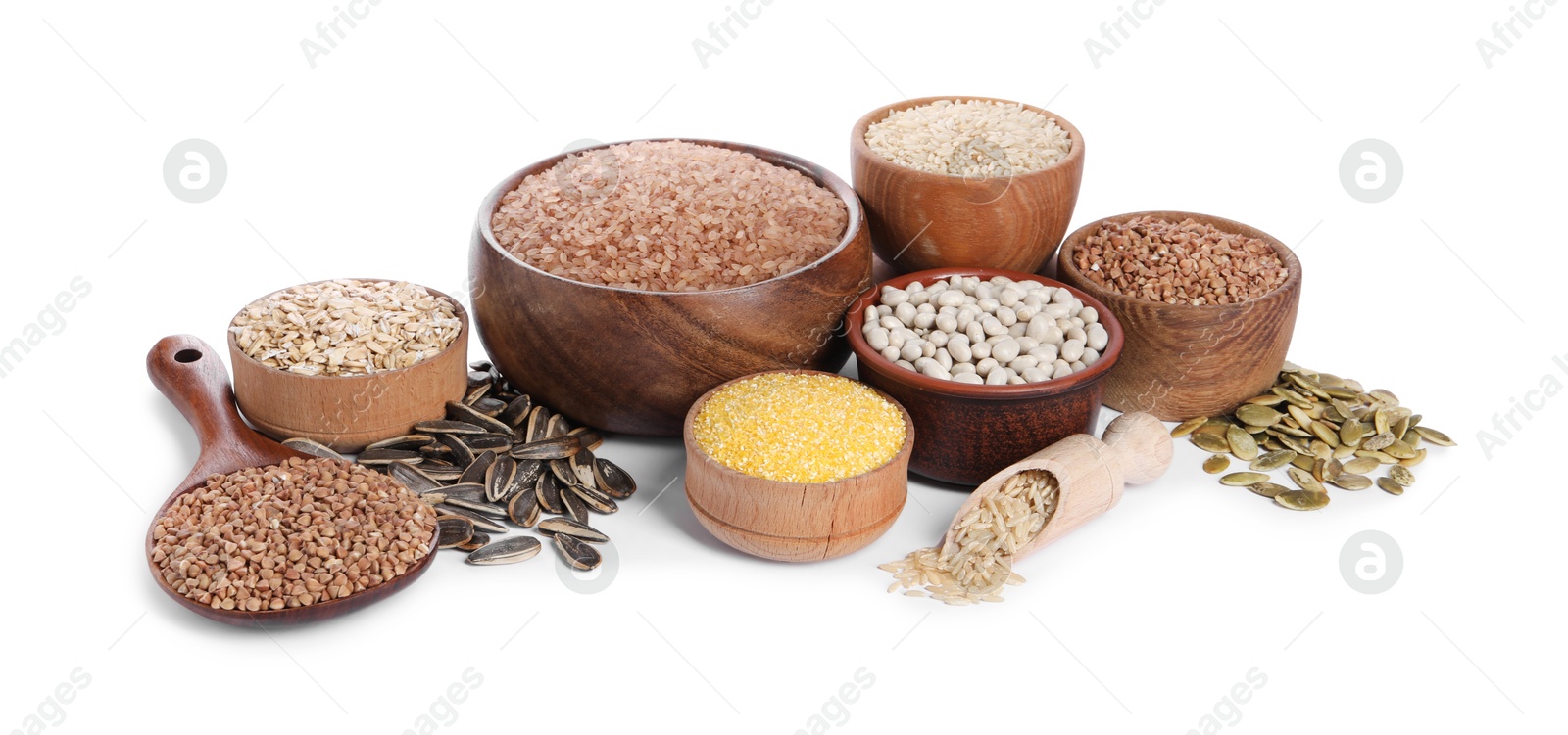 Photo of Different types of cereals, legumes and seeds isolated on white