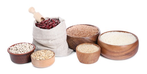 Photo of Different types of cereals and legumes isolated on white